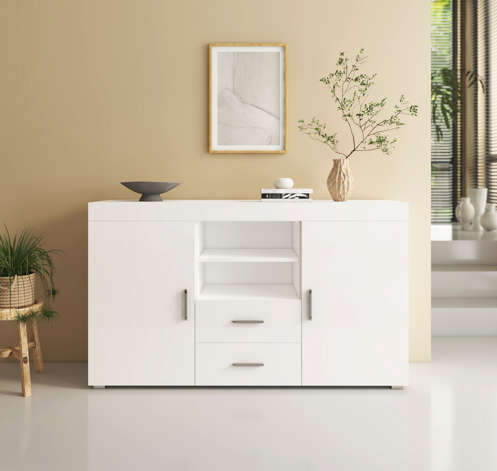 Buffet Salon modèle Roque couleur blanc brillant