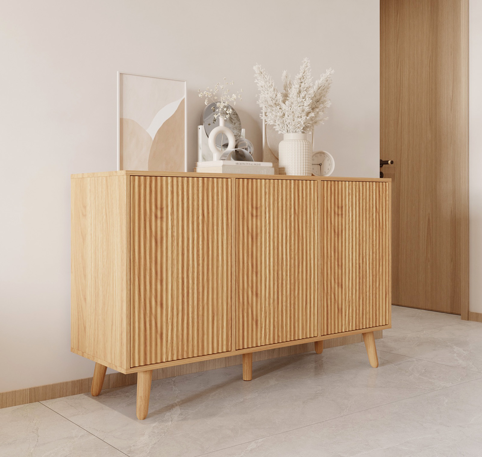 Buffet couleur Chêne Alba 120 cm avec portes cannelées Renzo