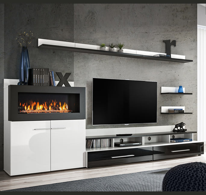 Meuble Mural TV avec cheminée Erica blanc et noir
