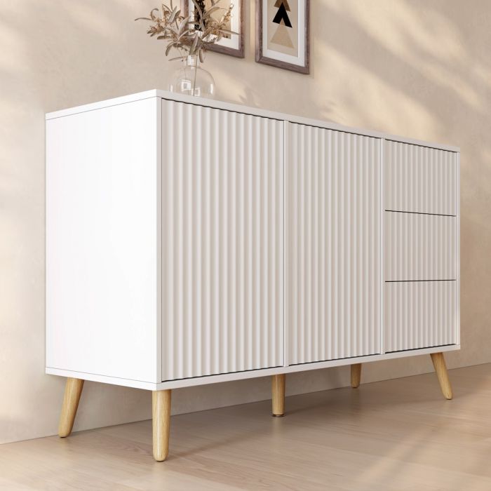Buffet Cannelé Renzo L - 2 Porte et Tiroirs - Blanc