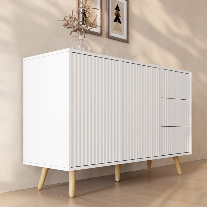 Buffet Cannelé Renzo L - 2 Porte et Tiroirs - Blanc