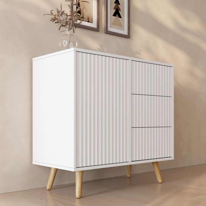 Buffet Cannelé Renzo M - 1 Porte et Tiroirs - Blanc