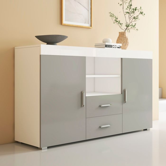 Buffet Salon modèle Roque couleur blanc et gris brillant