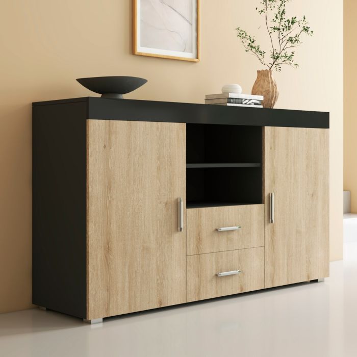 Buffet Salon modèle Roque couleur noir brillant et sonoma mate