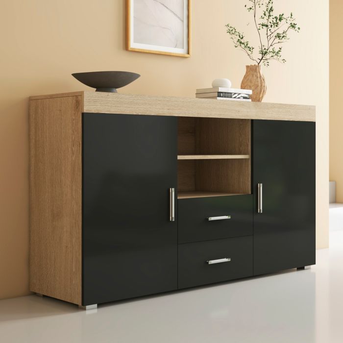 Buffet Salon modèle Roque couleur sonoma mate et noir brillant