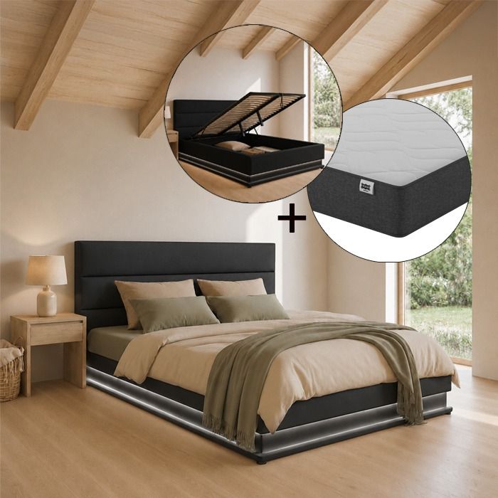 Lit coffre design Nitas noir avec matelas (150x190cm)