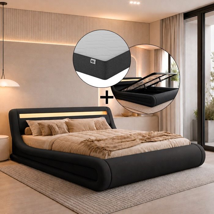 Lit coffre design Rodas - noir avec matelas (160x200cm)