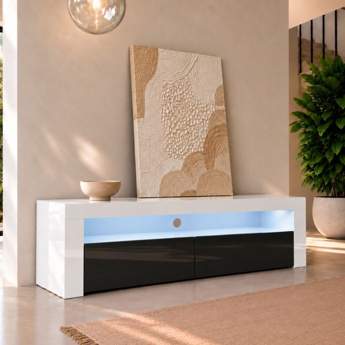 Meuble TV modèle Aker (140x50,5cm) couleur blanc et noir brillant
