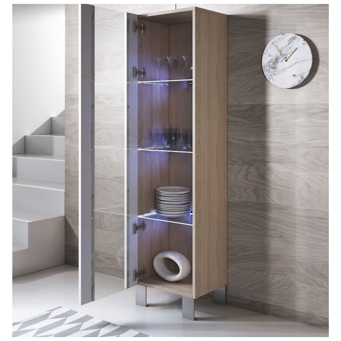 Vitrine modèle Luke V5 (40x177cm) couleur Sonoma et Blanc avec pieds en aluminium