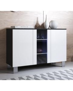 Buffet Salon modèle Luke A1 (120x82cm) couleur noir et blanc brillant avec pieds en aluminium
