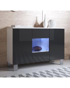 Buffet Salon modèle Luke A2 (120x82cm) couleur blanc et noir brillant avec pieds en aluminium
