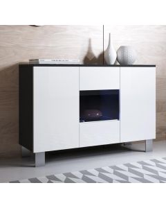 Buffet Salon modèle Luke A2 (120x82cm) couleur noir et blanc brillant avec pieds en aluminium