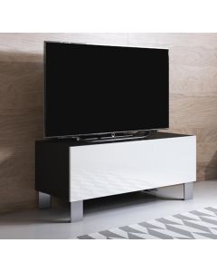 Meuble TV modèle Luke H1 (100x42cm) couleur noir et blanc brillant avec pieds en aluminium