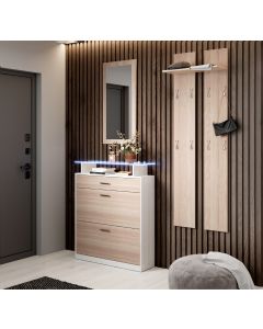 Ensemble de meubles d’entrée avec miroir et porte-manteau Paola blanc et sonoma