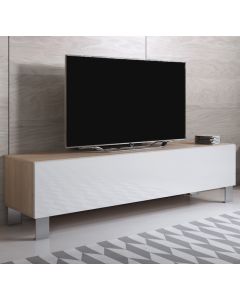 Meuble TV modèle Luke H2 (160x42cm) couleur sonoma et blanc brillant avec pieds en aluminium