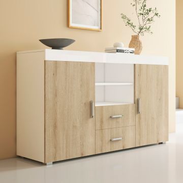 Buffet Salon modèle Roque couleur blanc brillant et sonoma mate