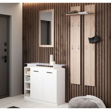 Ensemble de meubles d’entrée avec miroir et porte-manteau Paola 2P blanc et sonoma