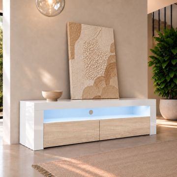 Meuble TV modèle Aker (140x50,5cm) couleur blanc et sonoma