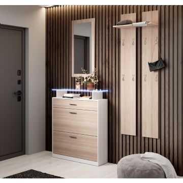 Ensemble de meubles d’entrée avec miroir et porte-manteau Paola blanc et sonoma