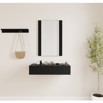 Meuble d'entrée Noir cannelé avec miroir et tiroir Amira