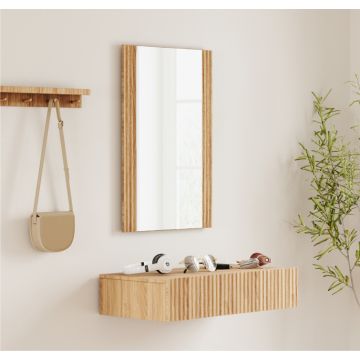 Meuble d'entrée couleur Chêne Alba cannelé avec tiroir et miroir Amira