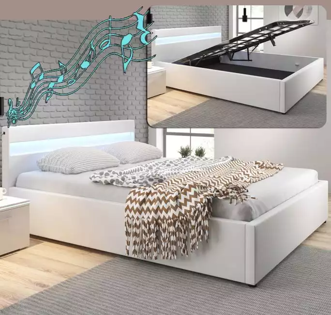 Lit coffre design avec musique (subwoofer) Bahia – blanc (150x190cm)