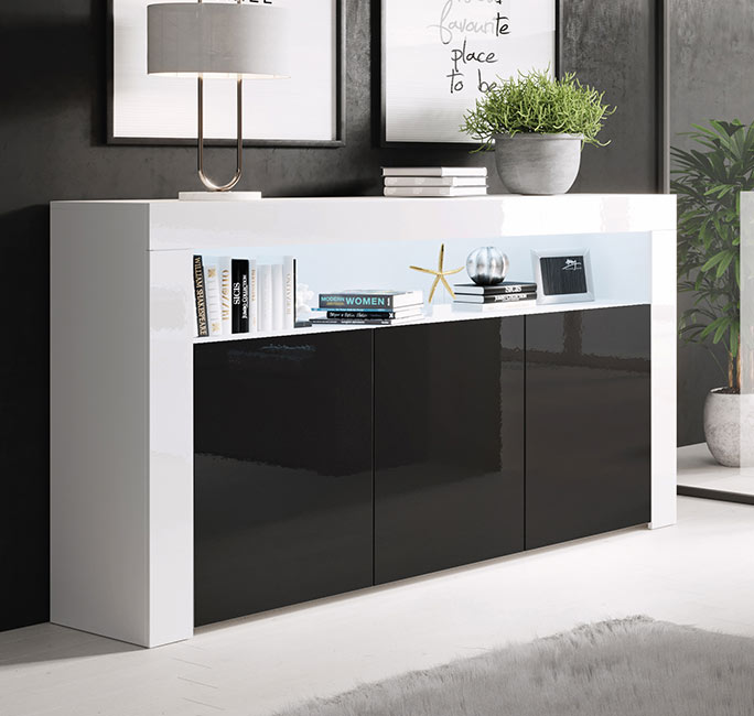 Buffet Salon modèle Aker couleur blanc et noir brillant