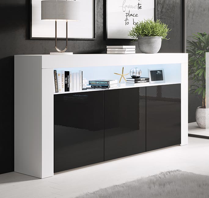 Buffet Salon modèle Aker couleur blanc et noir brillant