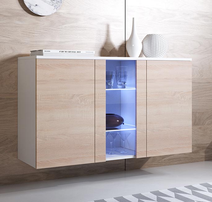 Buffet Salon modèle Luke A1 (120x70cm) couleur blanc et sonoma