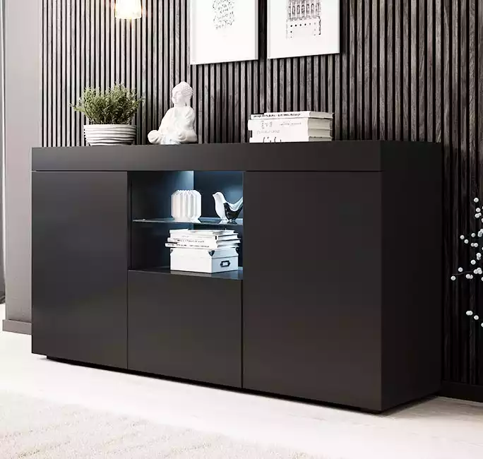 Buffet Salon modèle Natolia couleur noir mate 150 x 83 cm.
