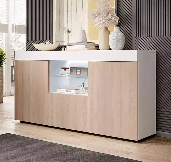 Buffet Salon modèle Sefora couleur blanc et sonoma 135x73cm. 