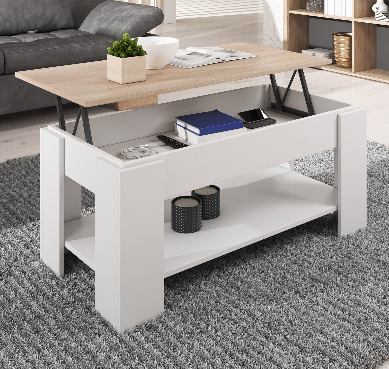 Table basse relevable Nicoleta blanc et sonoma